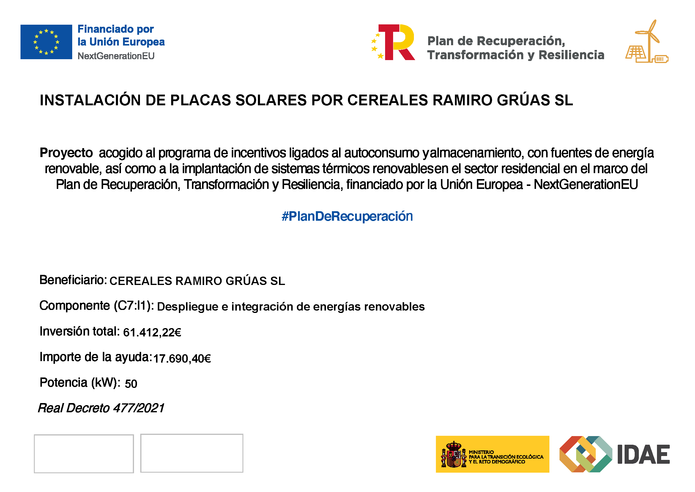 Cartel Subvención NextGenerationEU - Cereales Ramiro Grúas SL